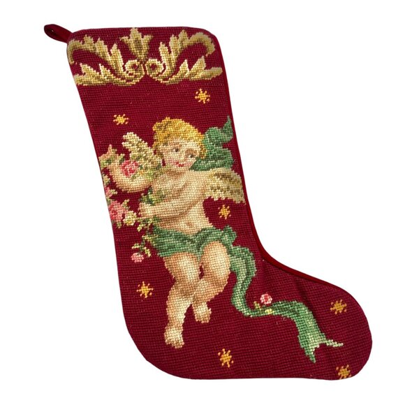Vtg Embroidered Christmas Stocking With Cherub Design By Imperial Elegance Wool - Picture 1 of 7